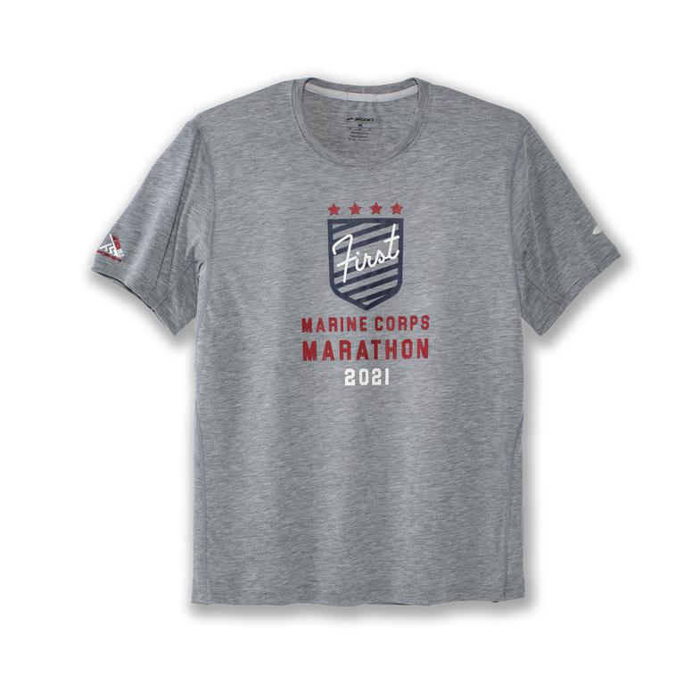 Brooks Distance Graphic Men's Short Sleeve Running Shirt - Heather Ash/1st MCM/Grey (49681-RGUX)